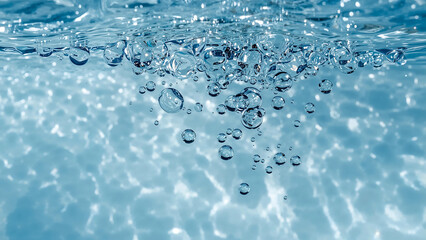 Rising Bubbles in Clear Water Captured Against a Blue Background