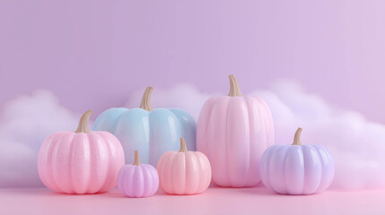 clouds pastel pumpkins gourds Halloween lavender yellow mint pink open space for copy text background harvest season seasonal backdrop