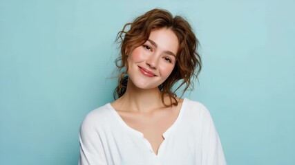A woman with curly hair is smiling and wearing a white shirt. She is posing for a picture in front of a blue background - Powered by Adobe