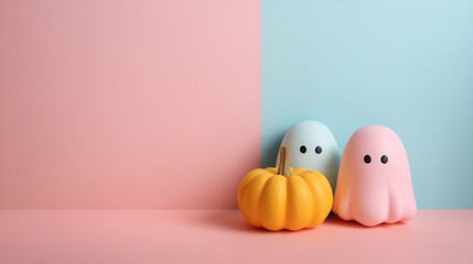 pink mint ghosts orange pumpkins Halloween open space for copy text background harvest season seasonal backdrop color block