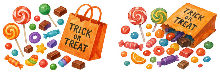 watercolor halloween candies bundle with trick or treat bags and lollipops