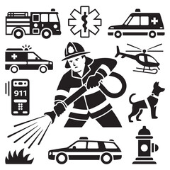 Naklejka premium Vector art of a comprehensive collection of emergency service vehicles, personnel, and equipment