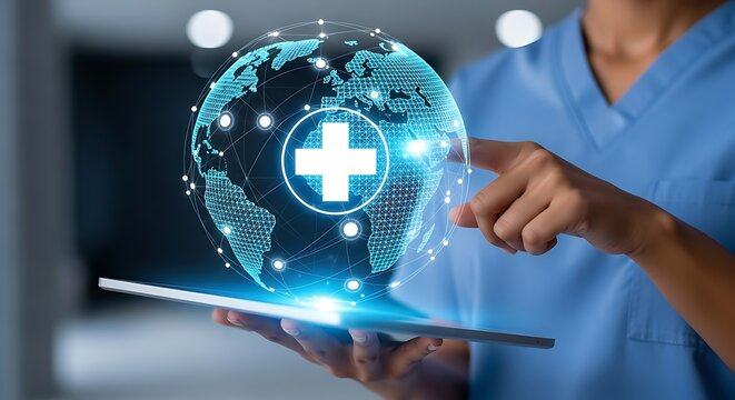 A person in scrubs interacting with a digital globe with a medical cross on a tablet screen display