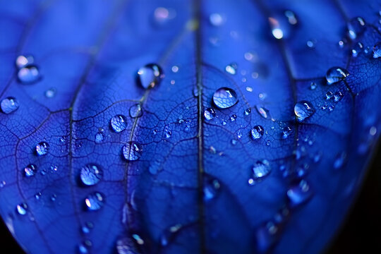 Close up of water droplets on a vibrant blue leaf surface