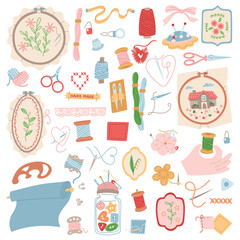 set of items for sewing, embroidery. flat color illustration. Threads, needles, fabrics, various embroideries, buttons, scissors, needle cushion. For packaging related to handicrafts, hand-made items.