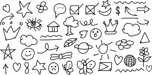 Trendy doodle vector set featuring playful hand-drawn icons—arrows, crowns, planets, stars, and quirky symbols. Perfect for social media, journaling, stickers, branding, or youth graphics.
