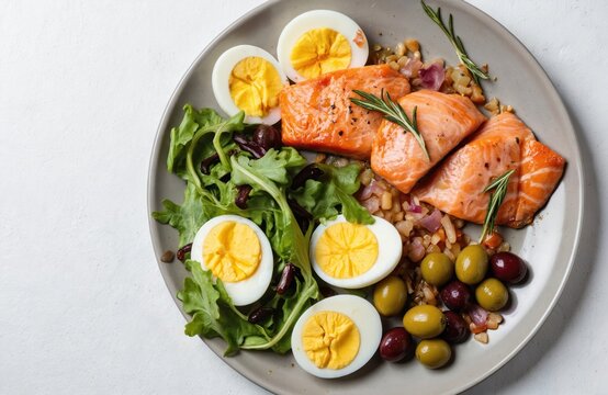 Top view of keto diet meal with cooked salmon portions, hard-boiled eggs, green, kalamata olives, arugula salad. Served on grey plate with light textured background. Healthy, protein-rich, low-carb