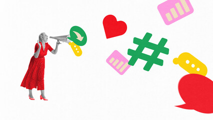 Digital pop-art collage with woman shouting icons from megaphone. Concept of media storytelling and content delivery in online visual platforms. Digital promotion and engagement