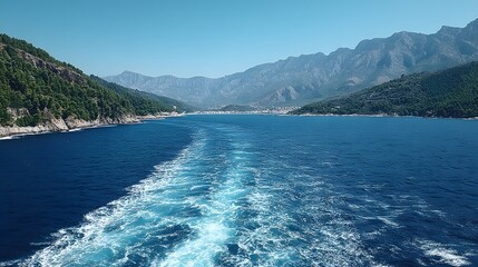 Blue water wake behind boat mountains in the background clear sky day.