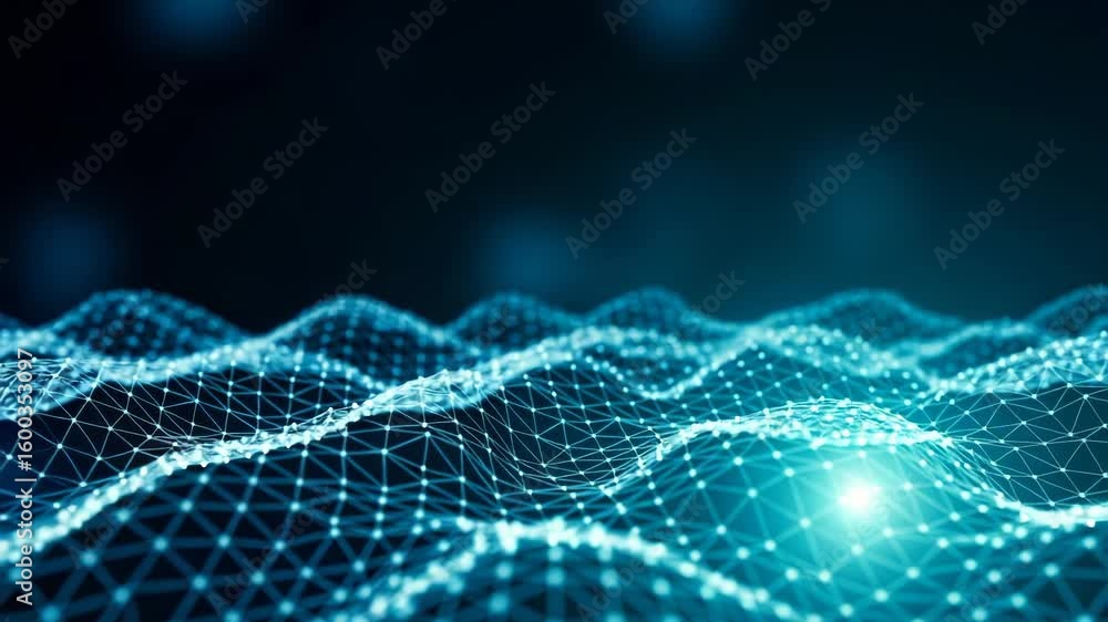 Poster a glowing blue digital network of particles forms a mesmerizing wave pattern against a dark backgrou
