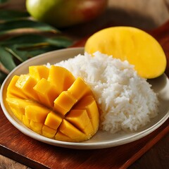  Thai Mango Sticky Rice Dessert on Plate