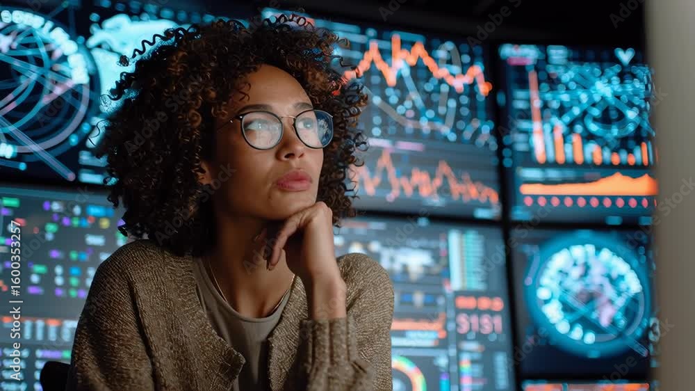 Poster woman analyzing global market trends on multiple screens in modern workspace with data visualization