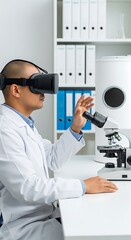 Scientist wearing vr headset interacting with microscope in laboratory setting with white background