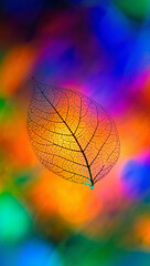 Delicate skeleton leaf against vibrant abstract colorful background