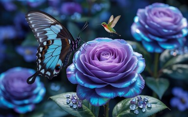 Beautiful butterfly and hummingbird on purple roses nature photography wallpaper design art print