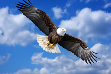 Obraz premium An eagle soars high with its wings spread out against a clear blue sky.
