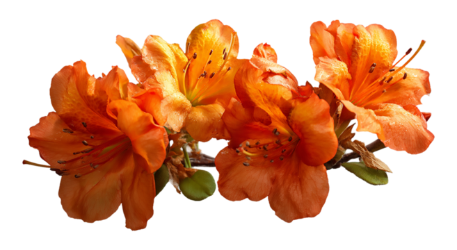 A closeup of bright orange rhododendron flowers with dark spots isolated on transparent background