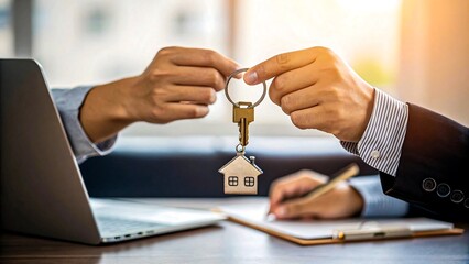 Key handover during real estate transaction with contract signing and laptop in office setting
