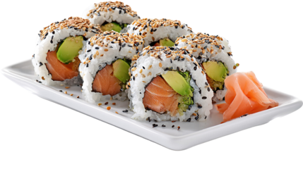 Set of sushi and maki with soy sauce over blue stone background. Top view with copy space