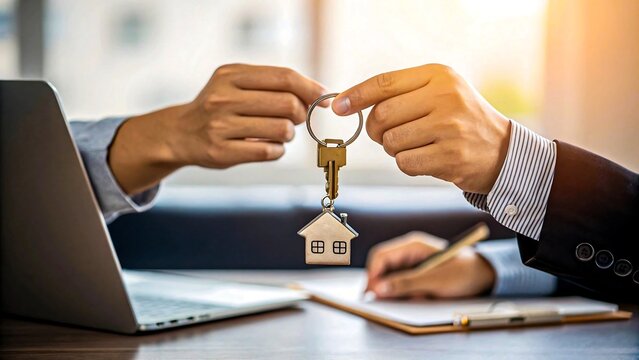 Key handover during real estate transaction with contract signing and laptop in office setting
