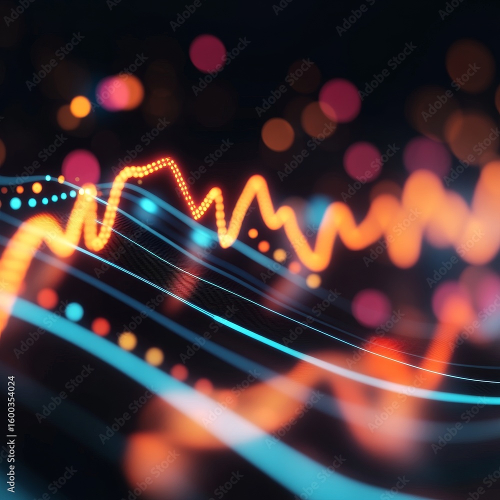 Poster abstract data stream orange wave on blue grid with bokeh, technology , data visualization