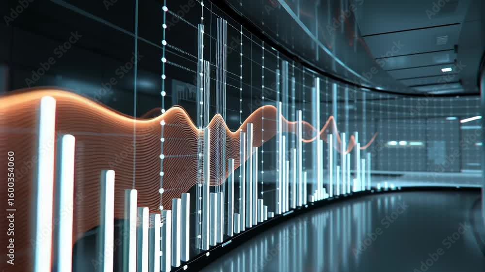 Poster futuristic animated flowing trends in stock market visualization with dynamic waves and sleek digita