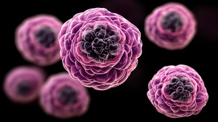 Pink, textured spheres against a black background
