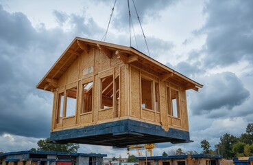 Prefab wooden house frame lifted by crane at construction site. Building module made of timber structure, eco friendly material for modular residential development. Architecture project, home