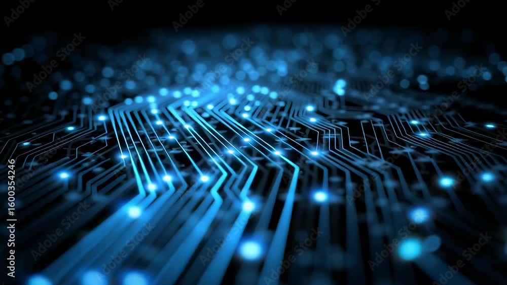 Poster abstract blue circuit board with glowing light elements in a digital space