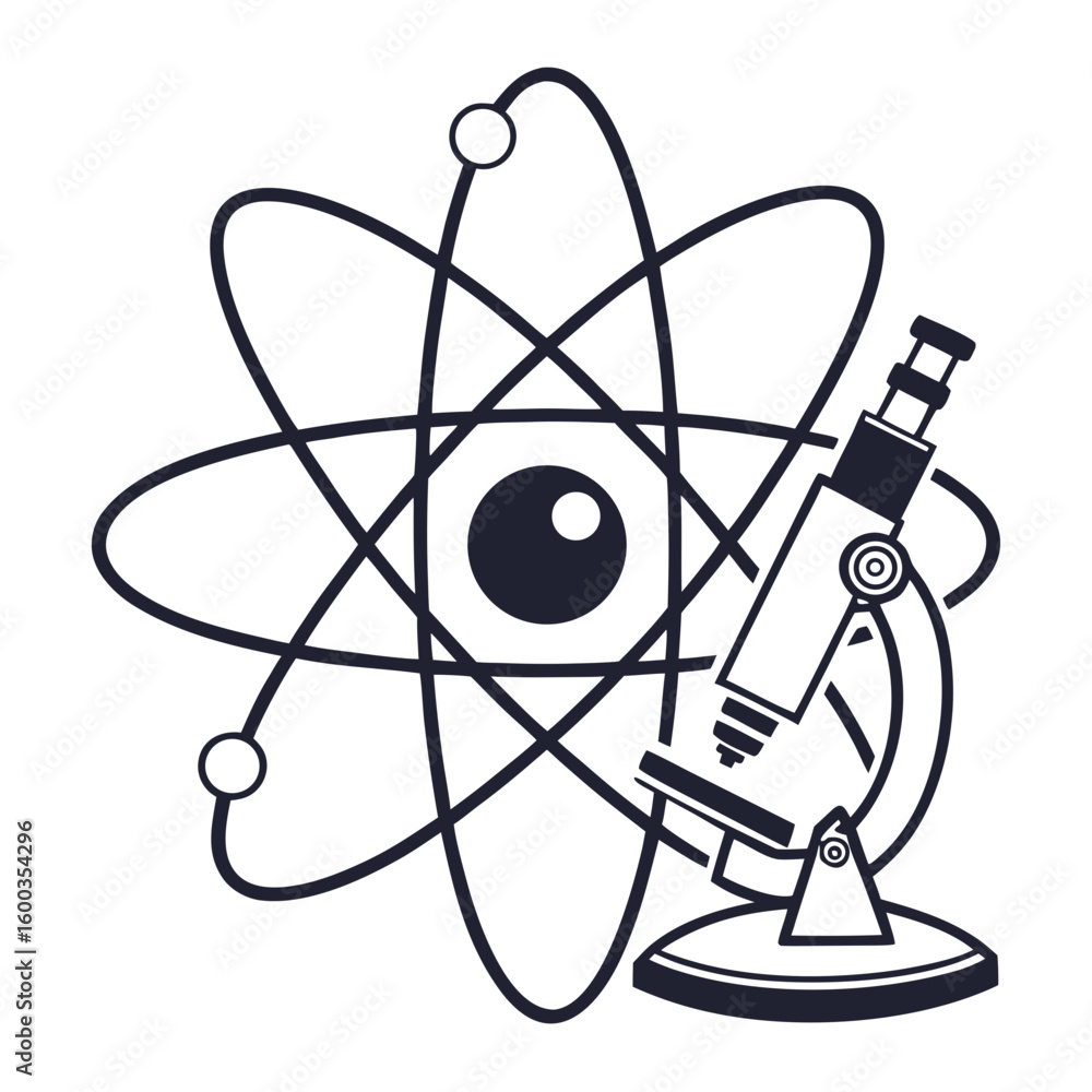 Poster atom model and microscope science symbols atomic research