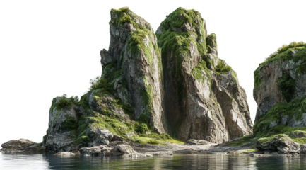 Jagged mosscovered rock formations emerging from the water isolated on transparent background