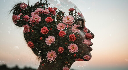 Double Exposure Woman Flower Head.
Artistic double exposure of a woman's profile blended with blooming pink roses, creating a surreal floral portrait.
