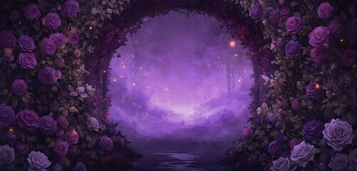Enchanted garden illustration featuring mystical purple roses and floral scene under magical night sky. Purple haze creates Romantasy atmosphere with glowing lights, mist, and serene water reflection.