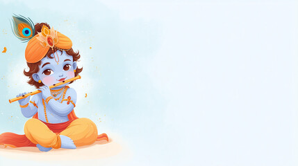 A cheerful illustration of baby Krishna playing the flute, a divine design for the sacred Janmashtami Festival Banner with empty space for text