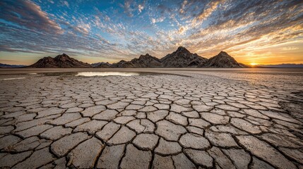 Dried, cracked earth stretches across a desert landscape at sunrise.