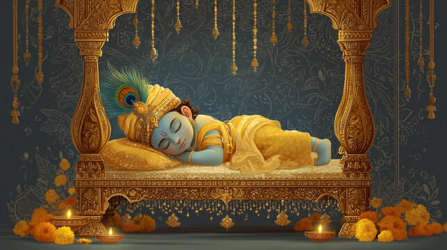 A peaceful and luxurious banner design celebrating the Janmashtami Festival with baby Krishna sleeping in a golden cradle.