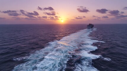 Ship sailing on water at sunset with clouds in the sky.