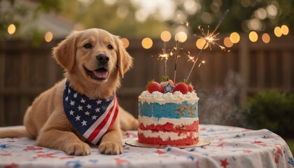 Playful golden retriever puppy wears American flag bandana. Sits beside festive red white blue layer cake. Sparklers ignite, backyard party setting. Independence Day celebration, dog, pet, summer