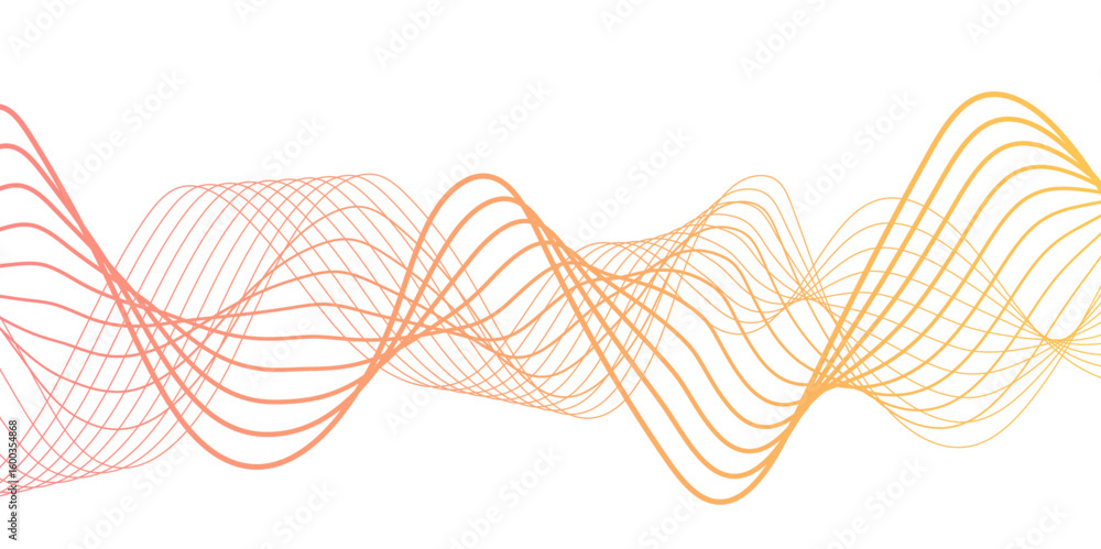 Poster abstract modern wave with thin, flowing lines with smooth gradient from coral pink to orange and yel