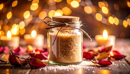 Glass jar of light brown sugar surrounded by candles and rose petals