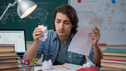 Frustrated young male student struggling with difficult math homework. Confused man sitting at a desk with books and crumpled paper, feeling stressed about exams. - Powered by Adobe
