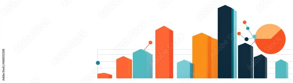 Poster colorful graph chart data visualization with bars and pie chart, analytics, growth