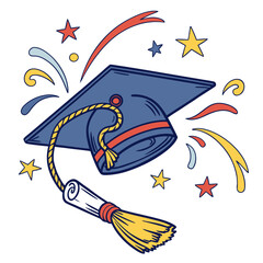 Blue graduation cap with yellow tassel and colorful stars diploma celebration