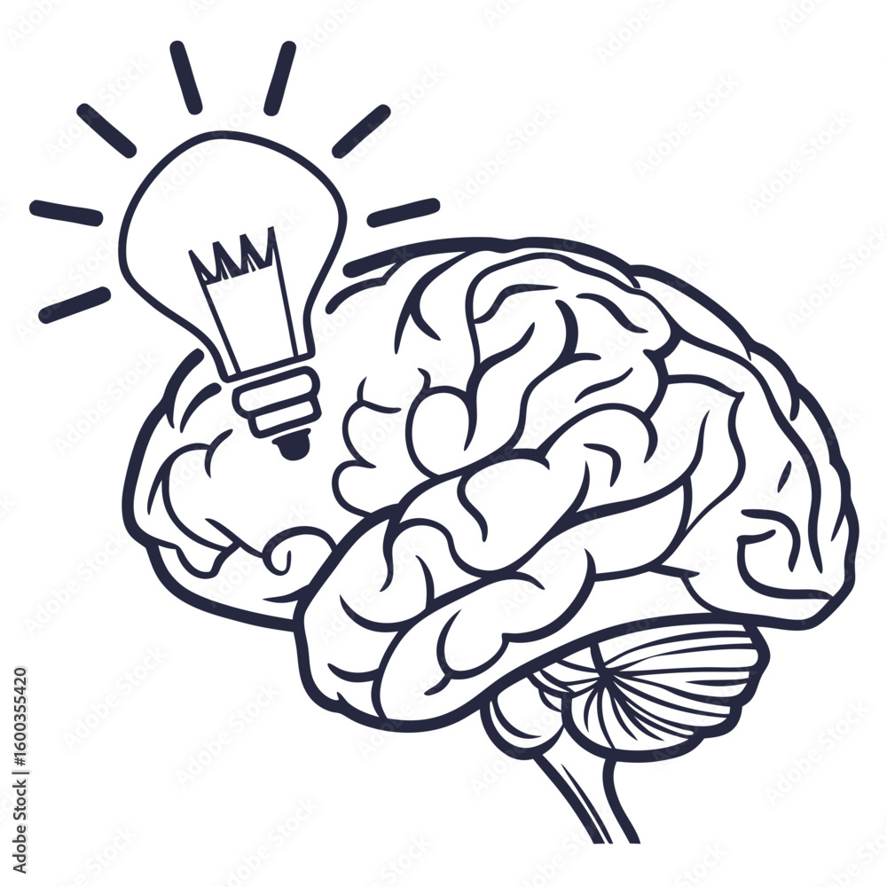 Poster brain with lightbulb symbolizing idea thinking knowledge