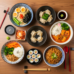 Delicious rice dishes with seafood chicken and vegetables served as a healthy meal.