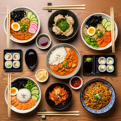 This combines the idea of a set of different foods, includes the Japanese theme, and reflects key tags like meal, dinner, rice, fish, salad, and more, without using a colon.