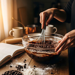 Woman pouring tea and milk during breakfast in the kitchen.