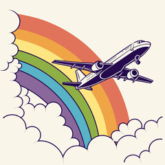 Airplane flying through rainbow and clouds travel