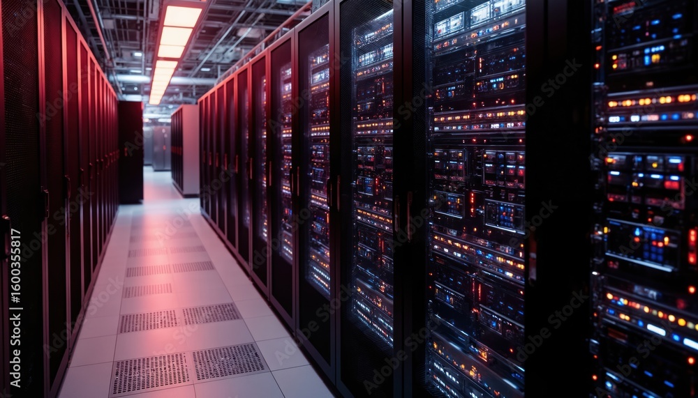 Poster modern data center hallway filled with server racks. advanced computing infrastructure features effi