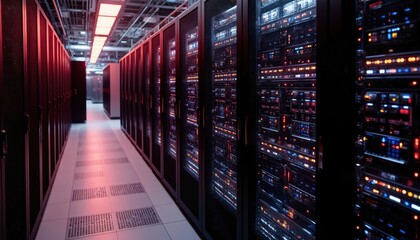 Modern data center hallway filled with server racks. Advanced computing infrastructure features efficient layout, processing equipment, network connectivity under overhead illumination. Focus on